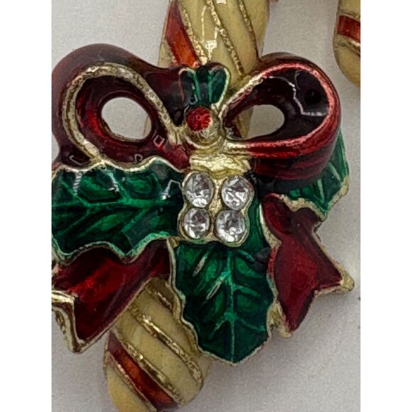 Two Vintage Rhinestone Enamel Christmas Pins Candy Cane Candle ROMA - Picture 5 of 7